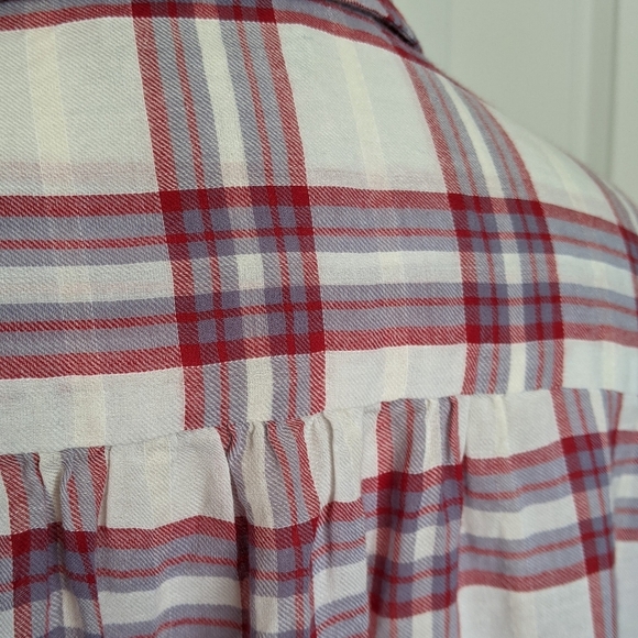 PAIGE Top Button Front Tie Split Neck Short Sleeve Plaid Cream Red Grey L NWT - Picture 12 of 14